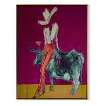 Pale Rider Crowns Teal - cowgirl riding teal bull painting by Ethan Mercer, contemporary Western vertical wall art – wood frame on white background