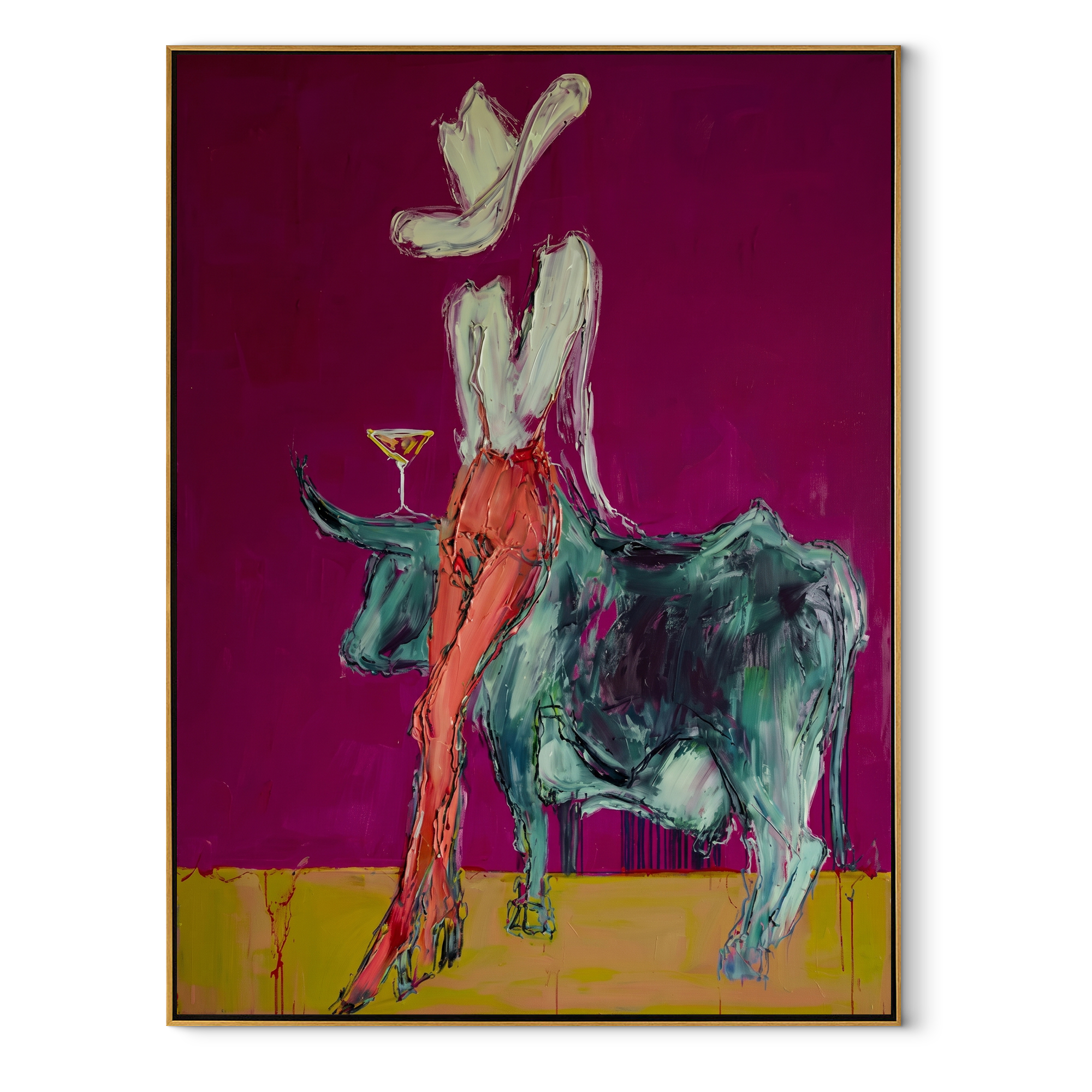 Pale Rider Crowns Teal - cowgirl riding teal bull painting by Ethan Mercer, contemporary Western vertical wall art – wood frame on white background