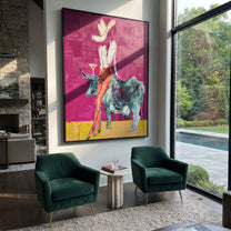 Pale Rider Crowns Teal - cowgirl riding teal bull painting by Ethan Mercer, contemporary Western vertical wall art – styled room scene view 2