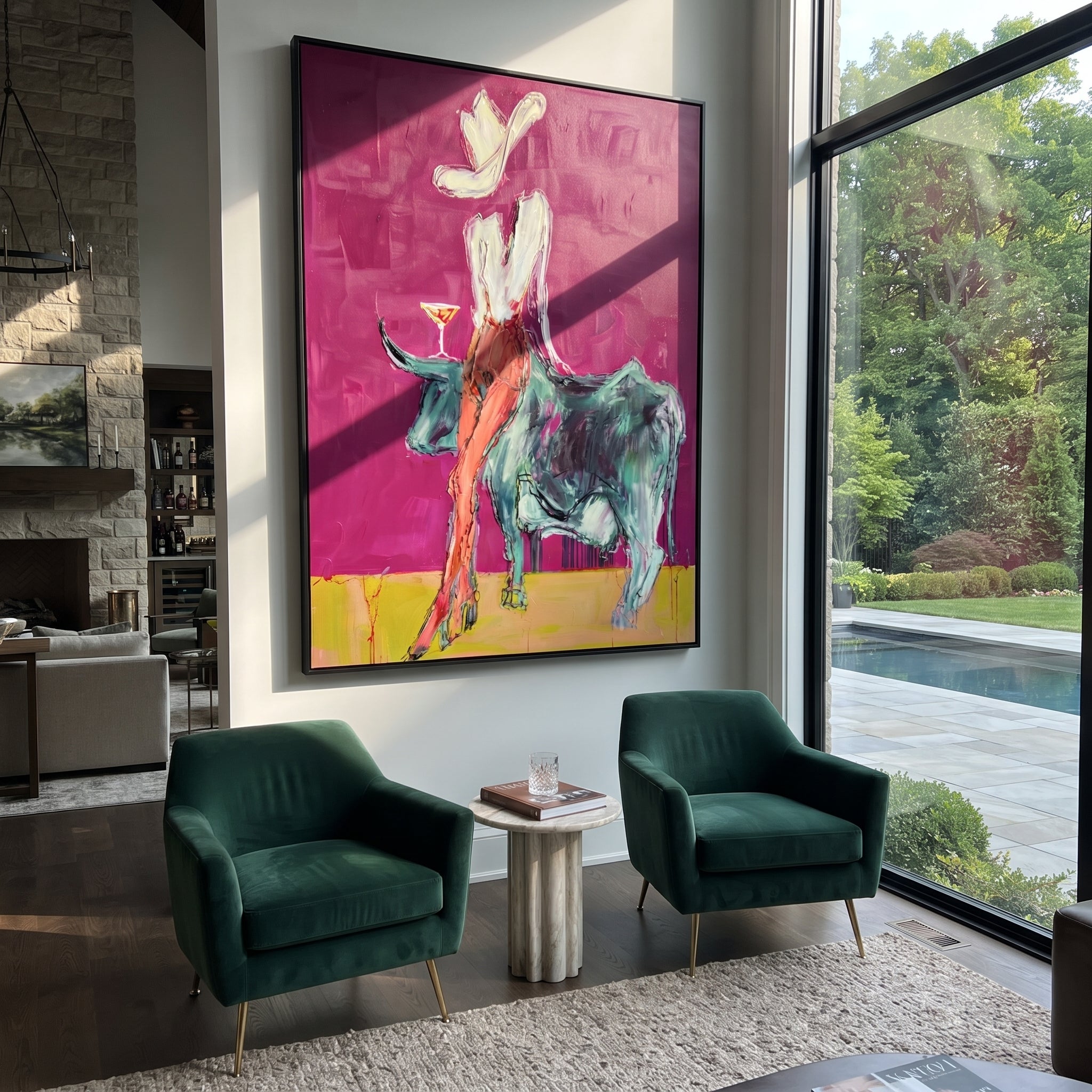 Pale Rider Crowns Teal - cowgirl riding teal bull painting by Ethan Mercer, contemporary Western vertical wall art – styled room scene view 2