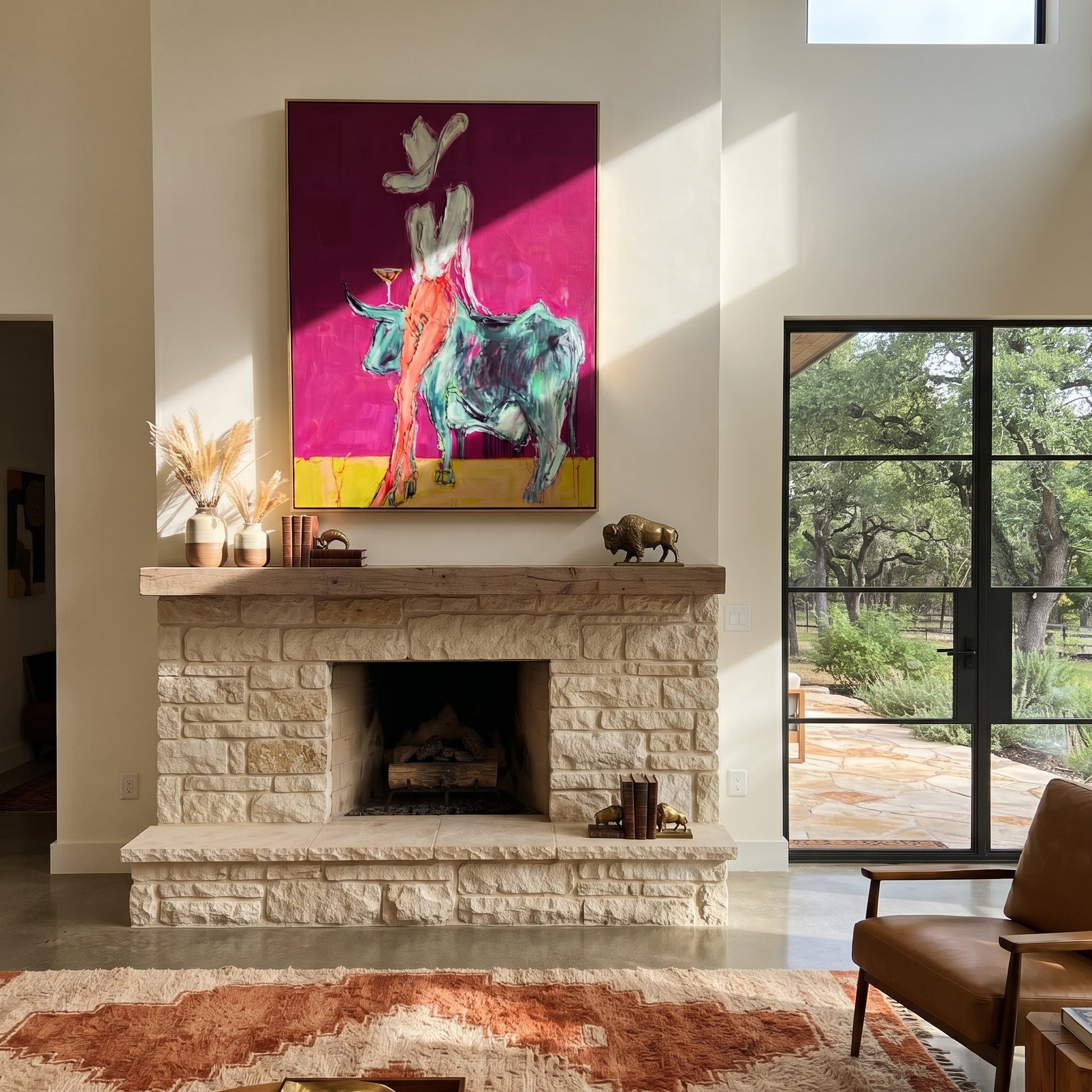 Pale Rider Crowns Teal - cowgirl riding teal bull painting by Ethan Mercer, contemporary Western vertical wall art – styled room scene view 3