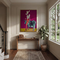 Pale Rider Crowns Teal - cowgirl riding teal bull painting by Ethan Mercer, contemporary Western vertical wall art – styled room scene view 5