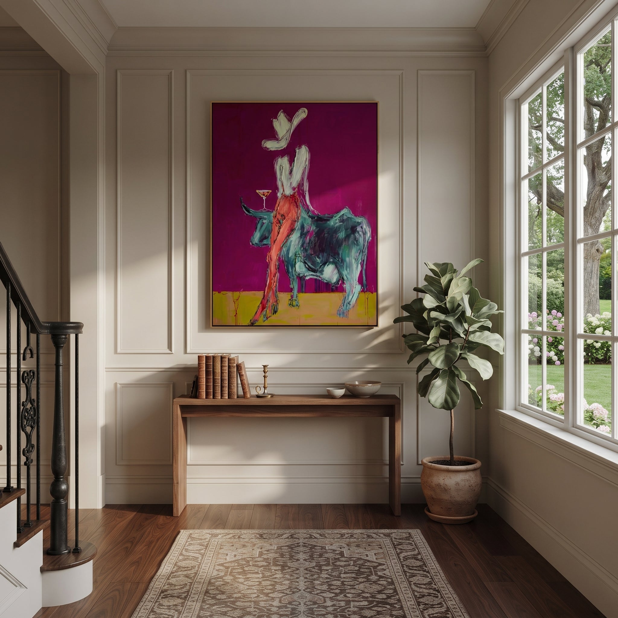 Pale Rider Crowns Teal - cowgirl riding teal bull painting by Ethan Mercer, contemporary Western vertical wall art – styled room scene view 5