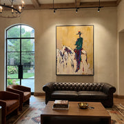 Ochre Dust Keeps Horse - standing rider horse sketch by Ethan Mercer, contemporary Western vertical wall art – styled room scene view 1