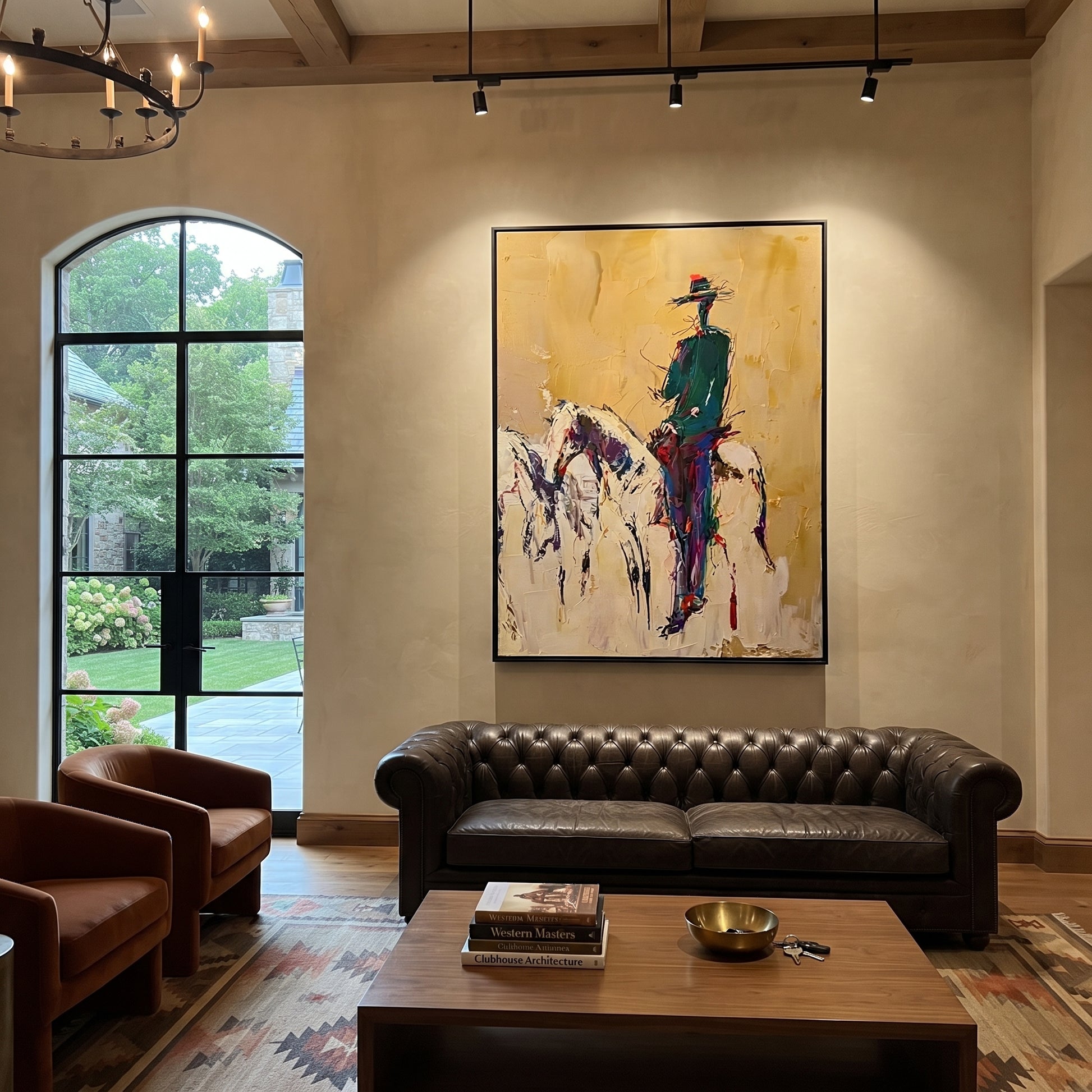 Ochre Dust Keeps Horse - standing rider horse sketch by Ethan Mercer, contemporary Western vertical wall art – styled room scene view 1