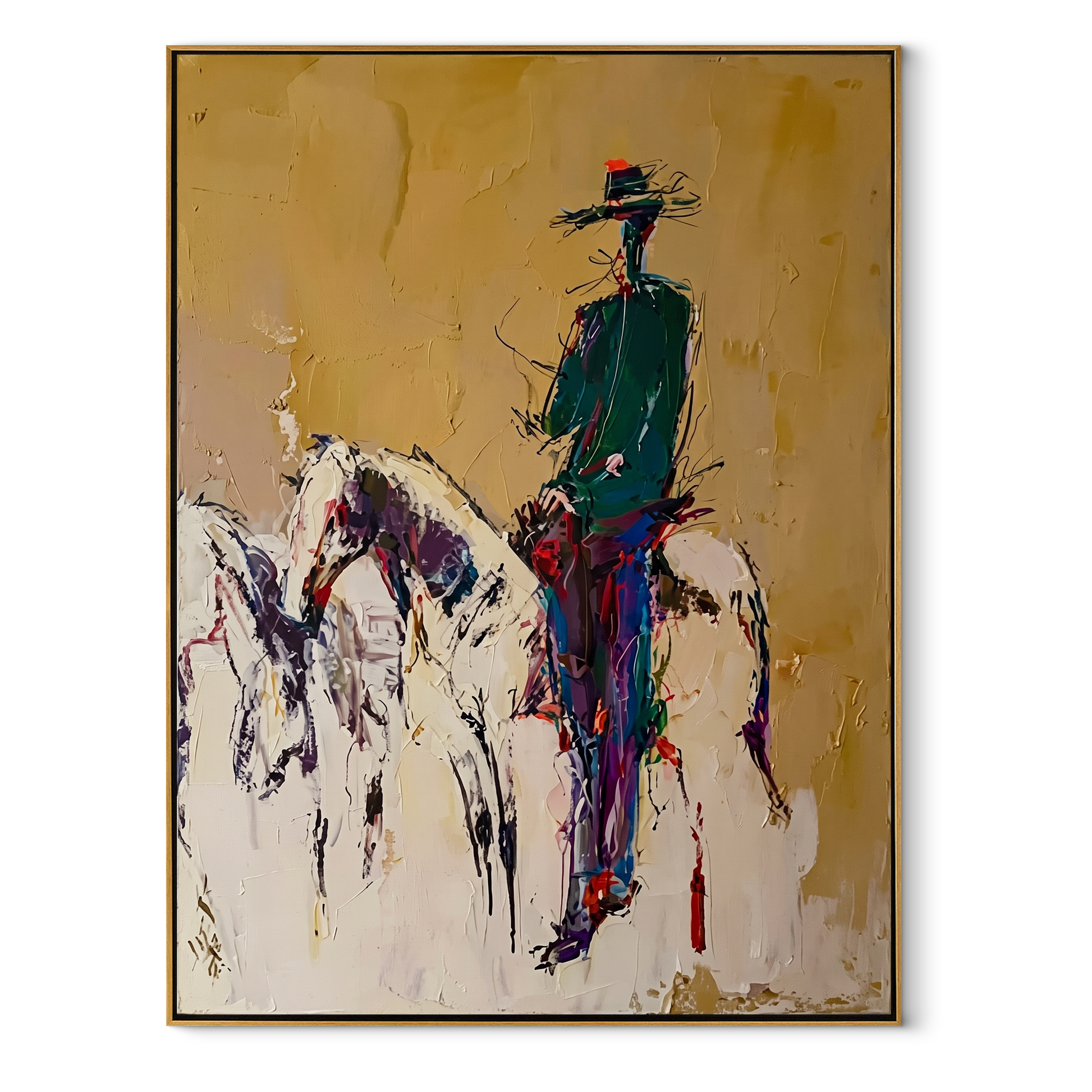 Ochre Dust Keeps Horse - standing rider horse sketch by Ethan Mercer, contemporary Western vertical wall art – wood frame on white background