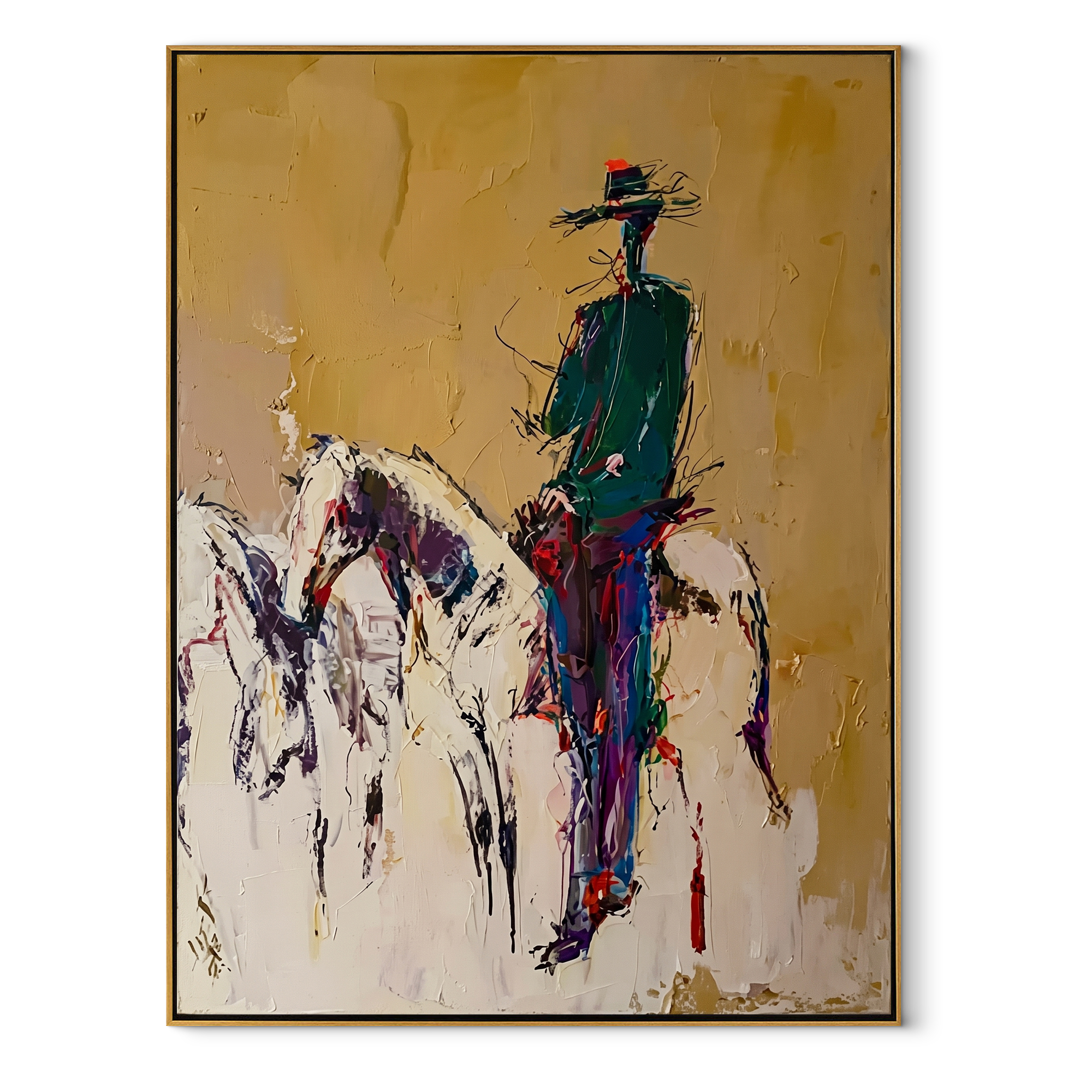 Ochre Dust Keeps Horse - standing rider horse sketch by Ethan Mercer, contemporary Western vertical wall art – wood frame on white background