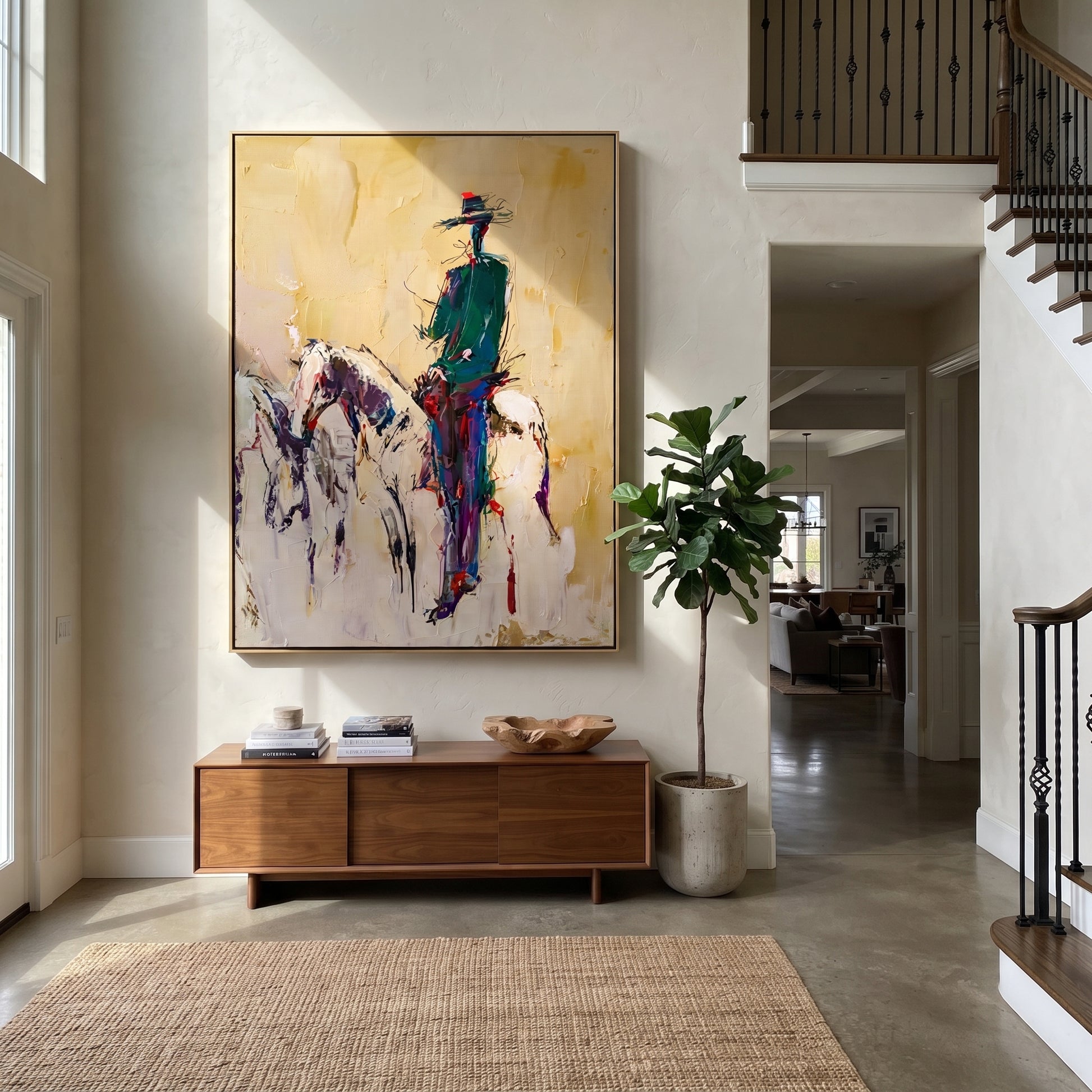Ochre Dust Keeps Horse - standing rider horse sketch by Ethan Mercer, contemporary Western vertical wall art – styled room scene view 2