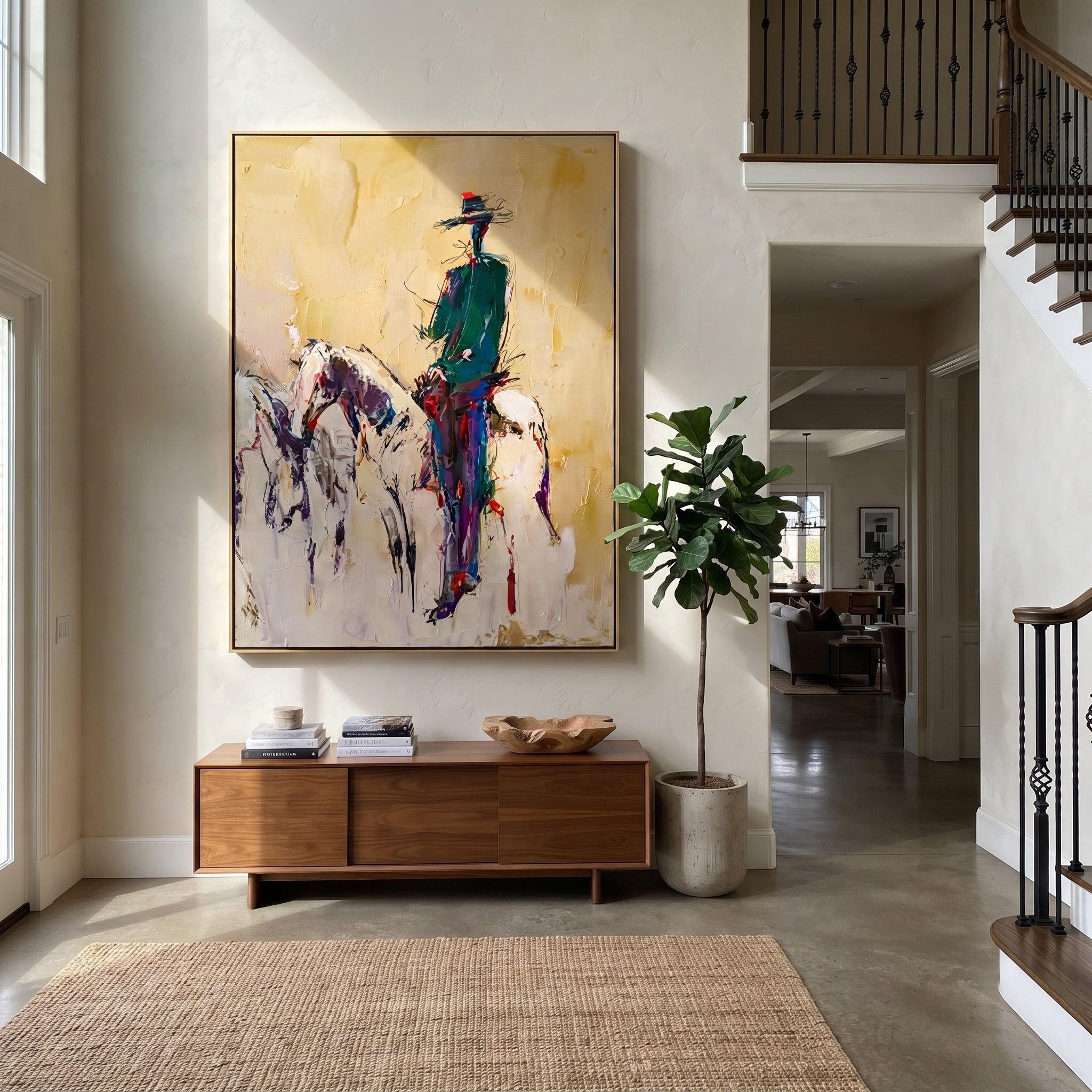 Ochre Dust Keeps Horse - standing rider horse sketch by Ethan Mercer, contemporary Western vertical wall art – styled room scene view 2