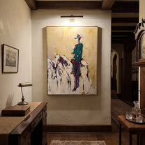 Ochre Dust Keeps Horse - standing rider horse sketch by Ethan Mercer, contemporary Western vertical wall art – styled room scene view 3