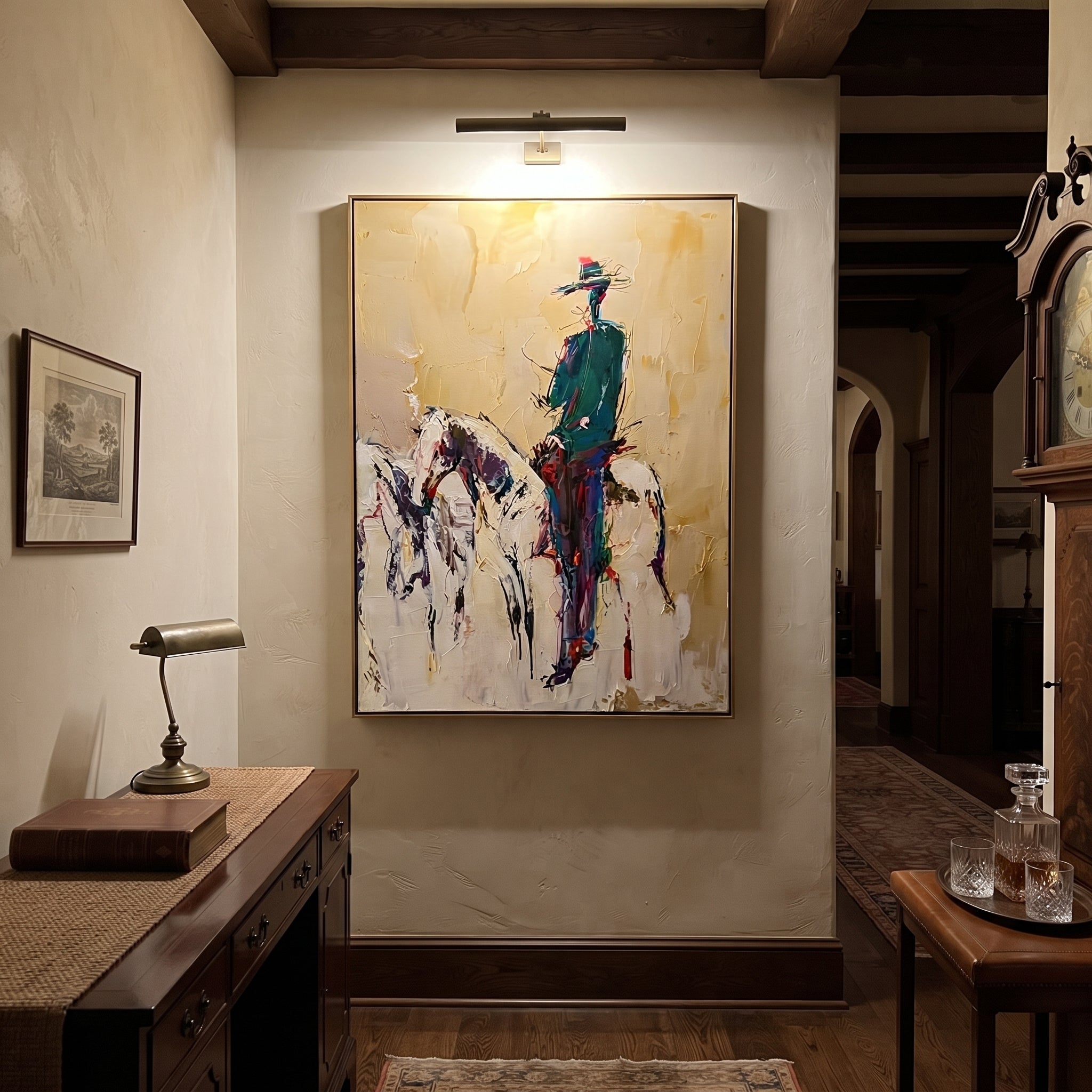 Ochre Dust Keeps Horse - standing rider horse sketch by Ethan Mercer, contemporary Western vertical wall art – styled room scene view 3