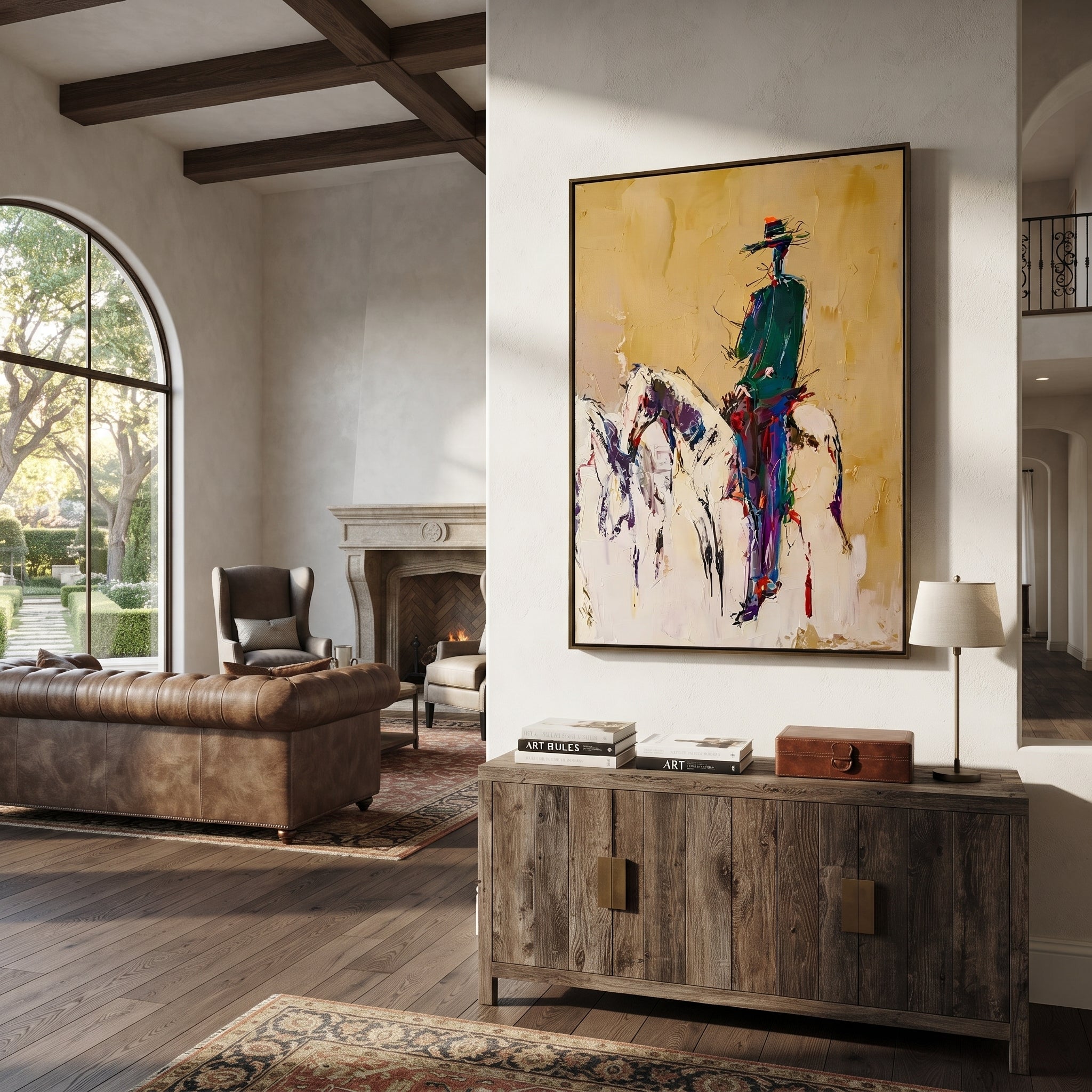 Ochre Dust Keeps Horse - standing rider horse sketch by Ethan Mercer, contemporary Western vertical wall art – styled room scene view 4