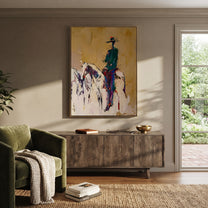Ochre Dust Keeps Horse - standing rider horse sketch by Ethan Mercer, contemporary Western vertical wall art – styled room scene view 5