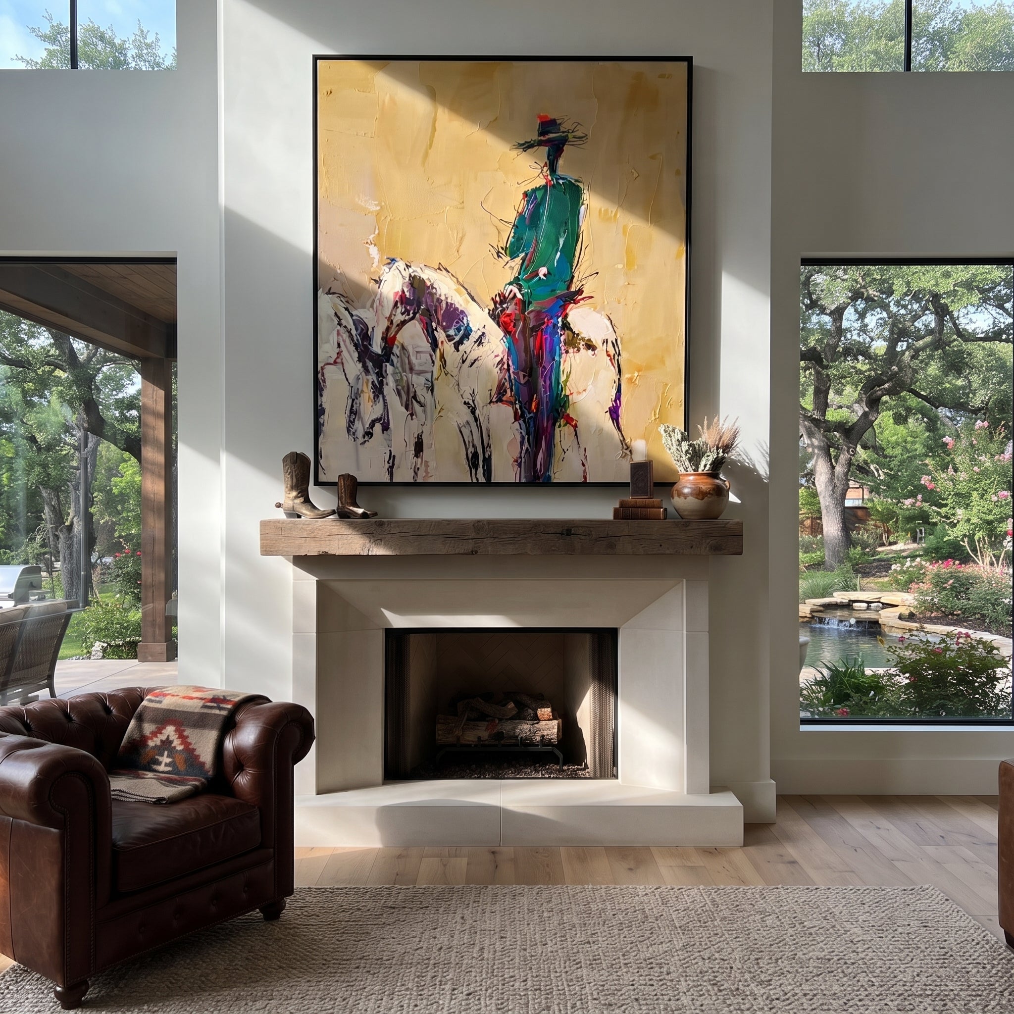 Ochre Dust Keeps Horse - standing rider horse sketch by Ethan Mercer, contemporary Western vertical wall art – styled room scene view 6