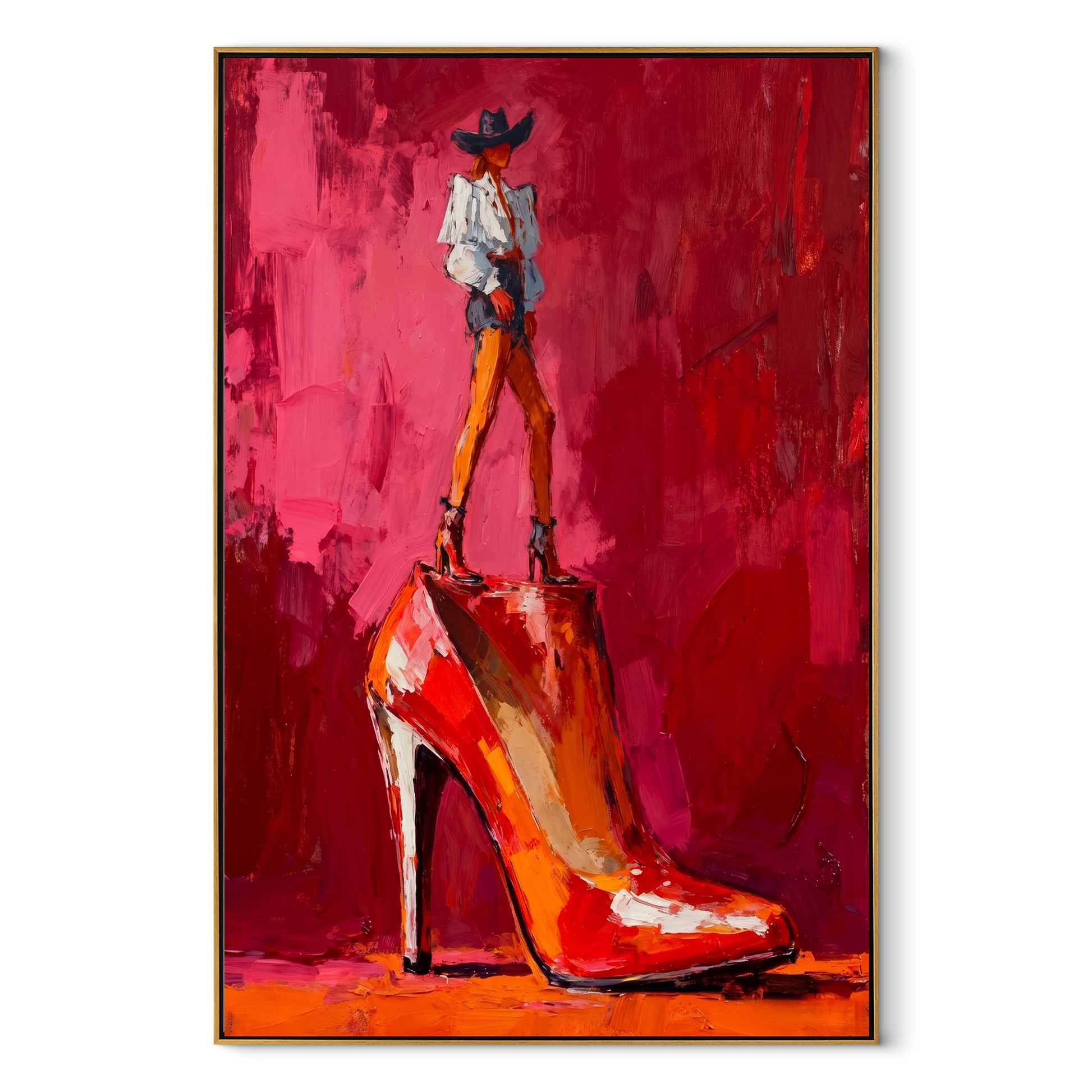 Red Heel Holds Rider - cowboy on high heel painting by Ethan Mercer, contemporary Western vertical wall art – wood frame on white background