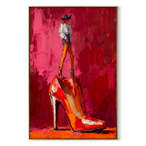 Red Heel Holds Rider - cowboy on high heel painting by Ethan Mercer, contemporary Western vertical wall art – wood frame on white background