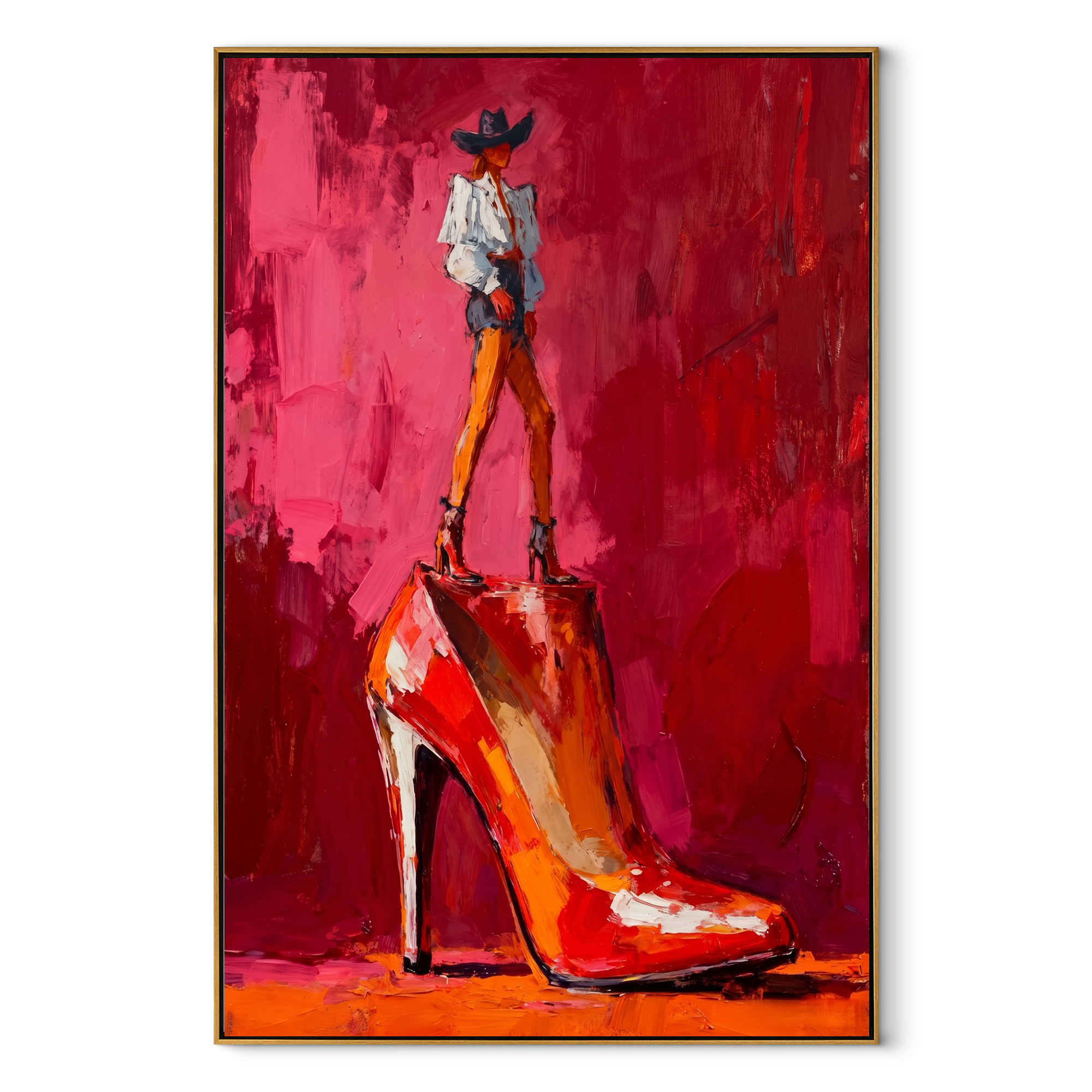 Red Heel Holds Rider - cowboy on high heel painting by Ethan Mercer, contemporary Western vertical wall art – wood frame on white background