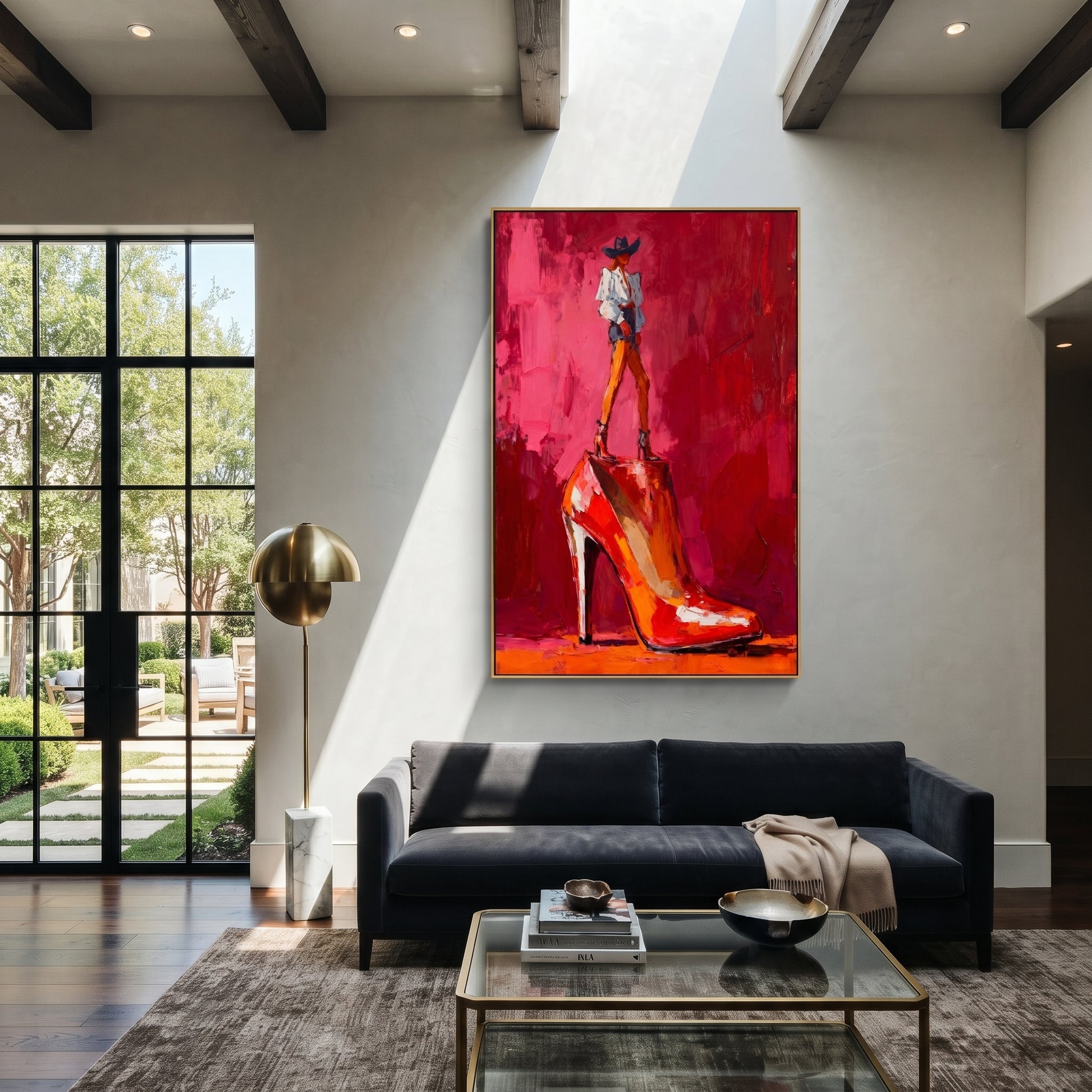 Red Heel Holds Rider - cowboy on high heel painting by Ethan Mercer, contemporary Western vertical wall art – styled room scene view 2