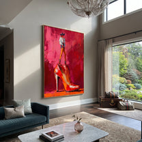 Red Heel Holds Rider - cowboy on high heel painting by Ethan Mercer, contemporary Western vertical wall art – styled room scene view 3