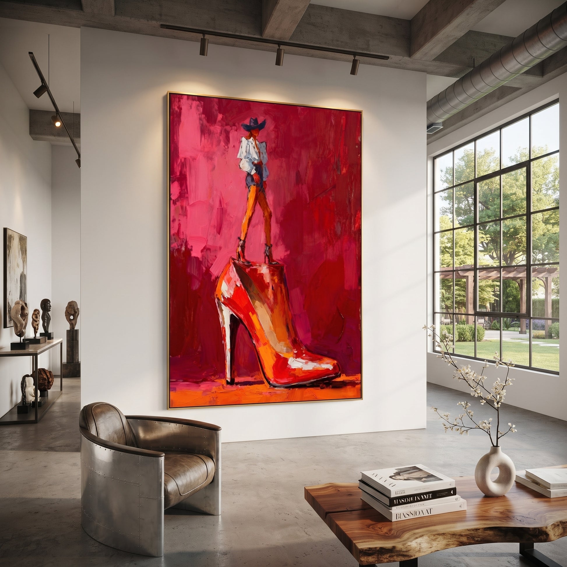 Red Heel Holds Rider - cowboy on high heel painting by Ethan Mercer, contemporary Western vertical wall art – styled room scene view 4