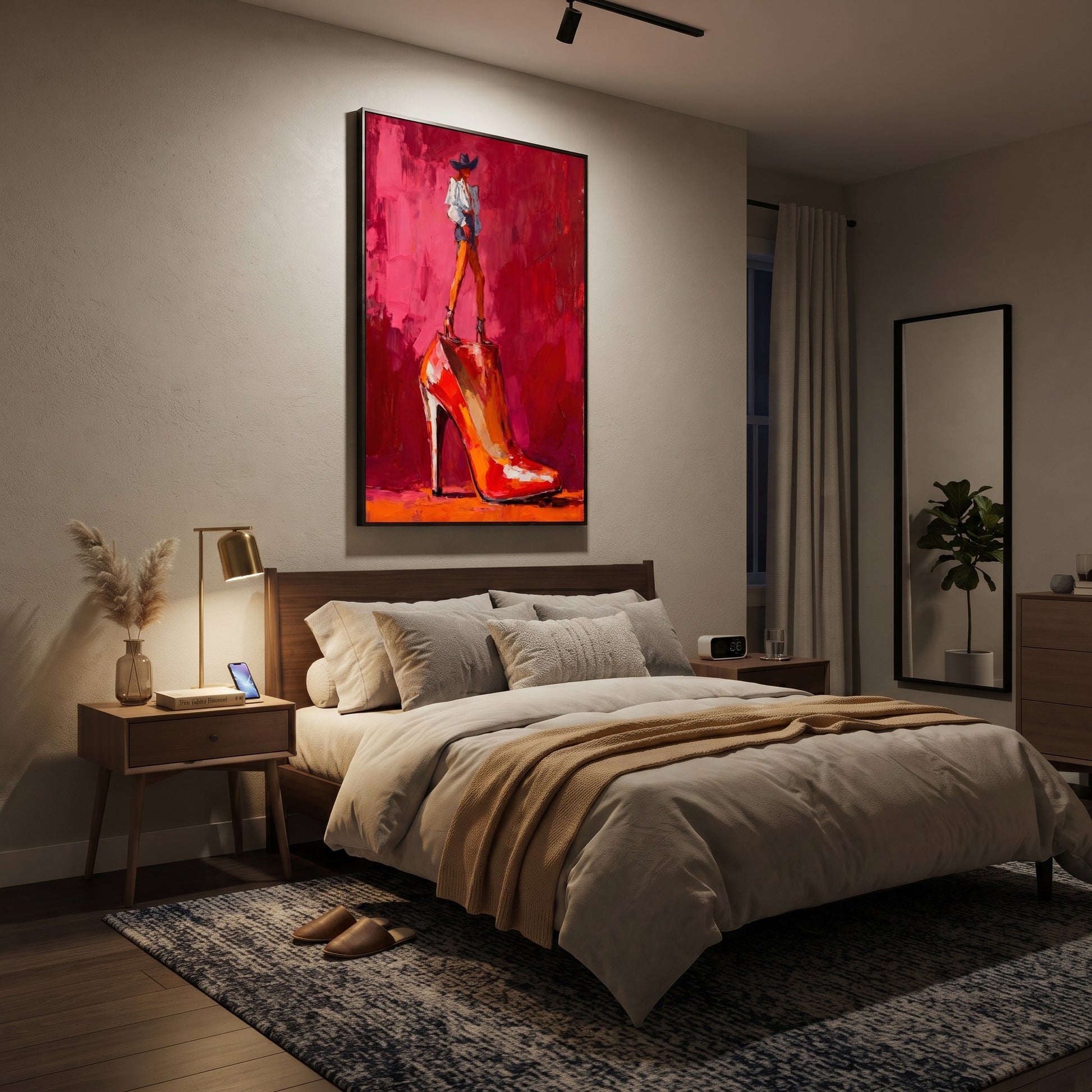 Red Heel Holds Rider - cowboy on high heel painting by Ethan Mercer, contemporary Western vertical wall art – styled room scene view 5