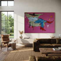 Blue Denim Rests Long - reclining cowboy chair painting by Ethan Mercer, contemporary Western horizontal wall art – styled room scene view 1