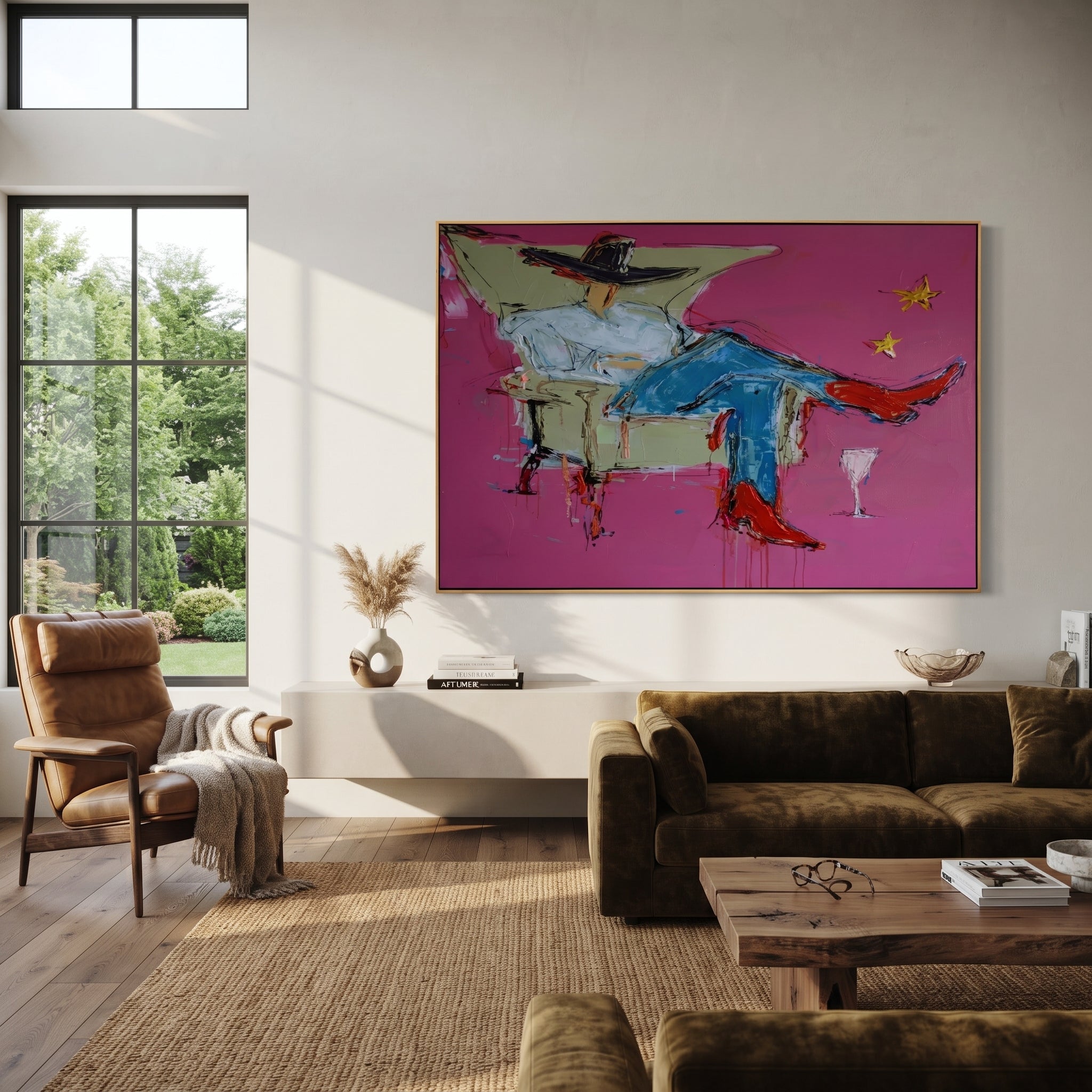 Blue Denim Rests Long - reclining cowboy chair painting by Ethan Mercer, contemporary Western horizontal wall art – styled room scene view 1