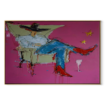 Blue Denim Rests Long - reclining cowboy chair painting by Ethan Mercer, contemporary Western horizontal wall art – wood frame on white background