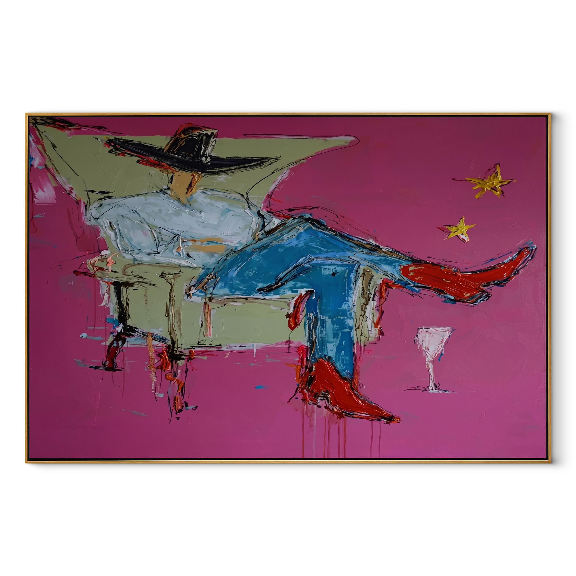 Blue Denim Rests Long - reclining cowboy chair painting by Ethan Mercer, contemporary Western horizontal wall art – wood frame on white background