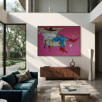 Blue Denim Rests Long - reclining cowboy chair painting by Ethan Mercer, contemporary Western horizontal wall art – styled room scene view 2