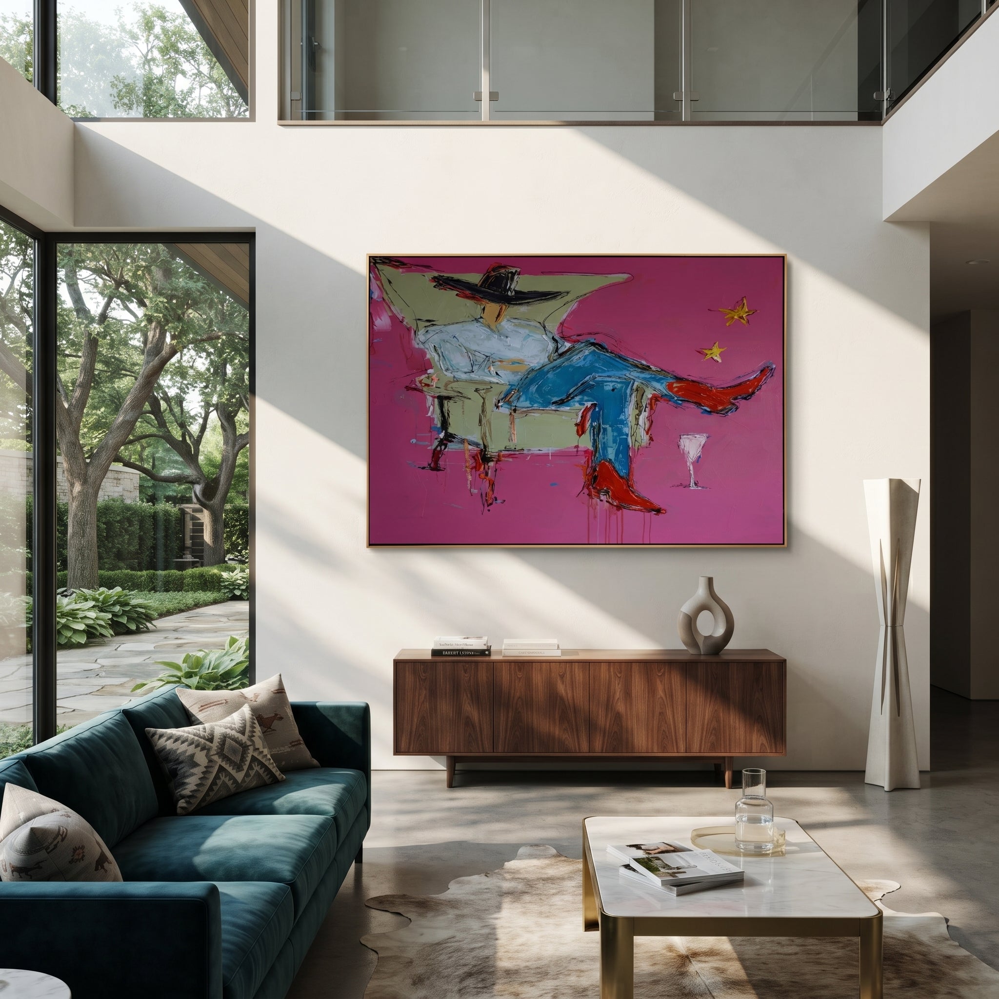 Blue Denim Rests Long - reclining cowboy chair painting by Ethan Mercer, contemporary Western horizontal wall art – styled room scene view 2
