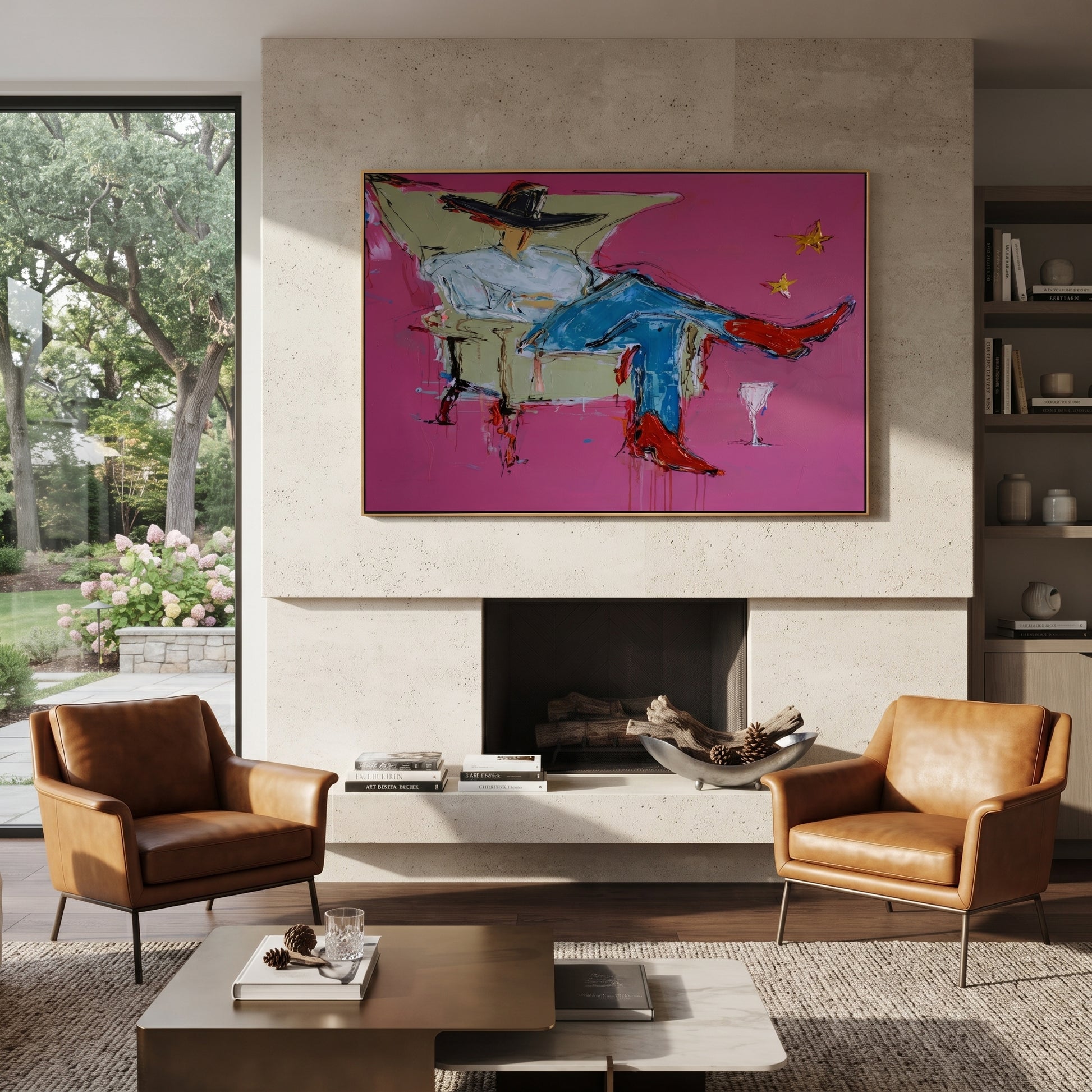 Blue Denim Rests Long - reclining cowboy chair painting by Ethan Mercer, contemporary Western horizontal wall art – styled room scene view 3