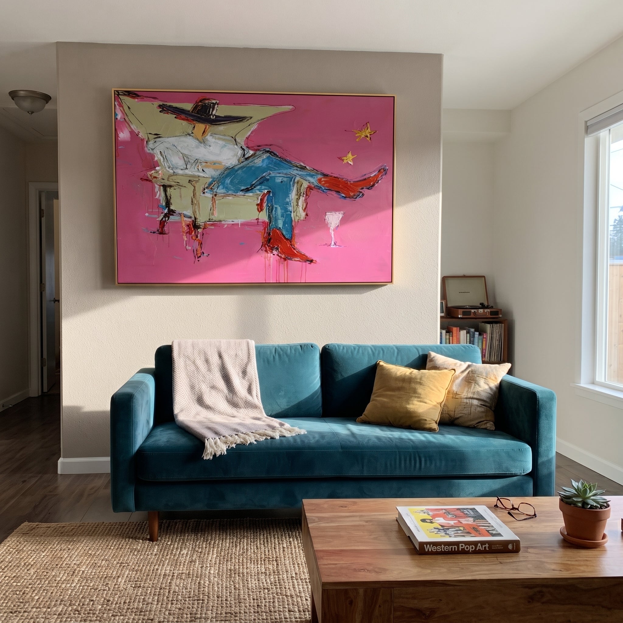 Blue Denim Rests Long - reclining cowboy chair painting by Ethan Mercer, contemporary Western horizontal wall art – styled room scene view 4