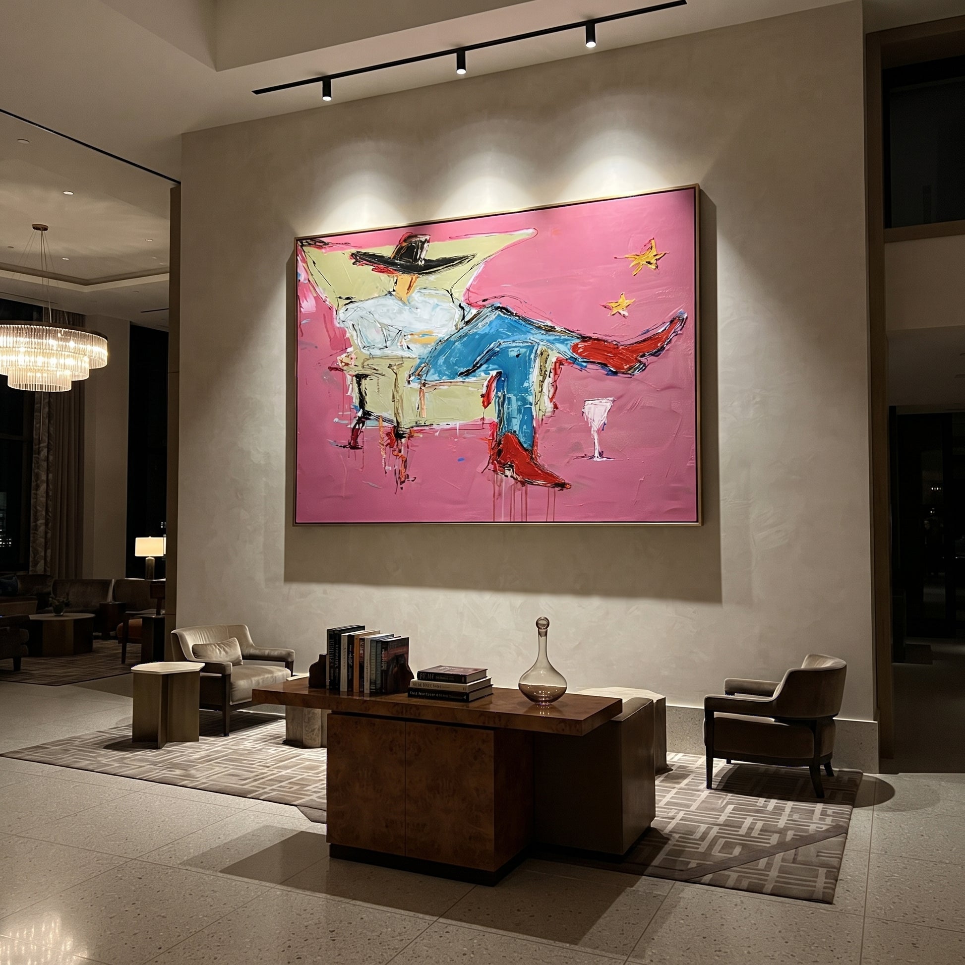 Blue Denim Rests Long - reclining cowboy chair painting by Ethan Mercer, contemporary Western horizontal wall art – styled room scene view 5