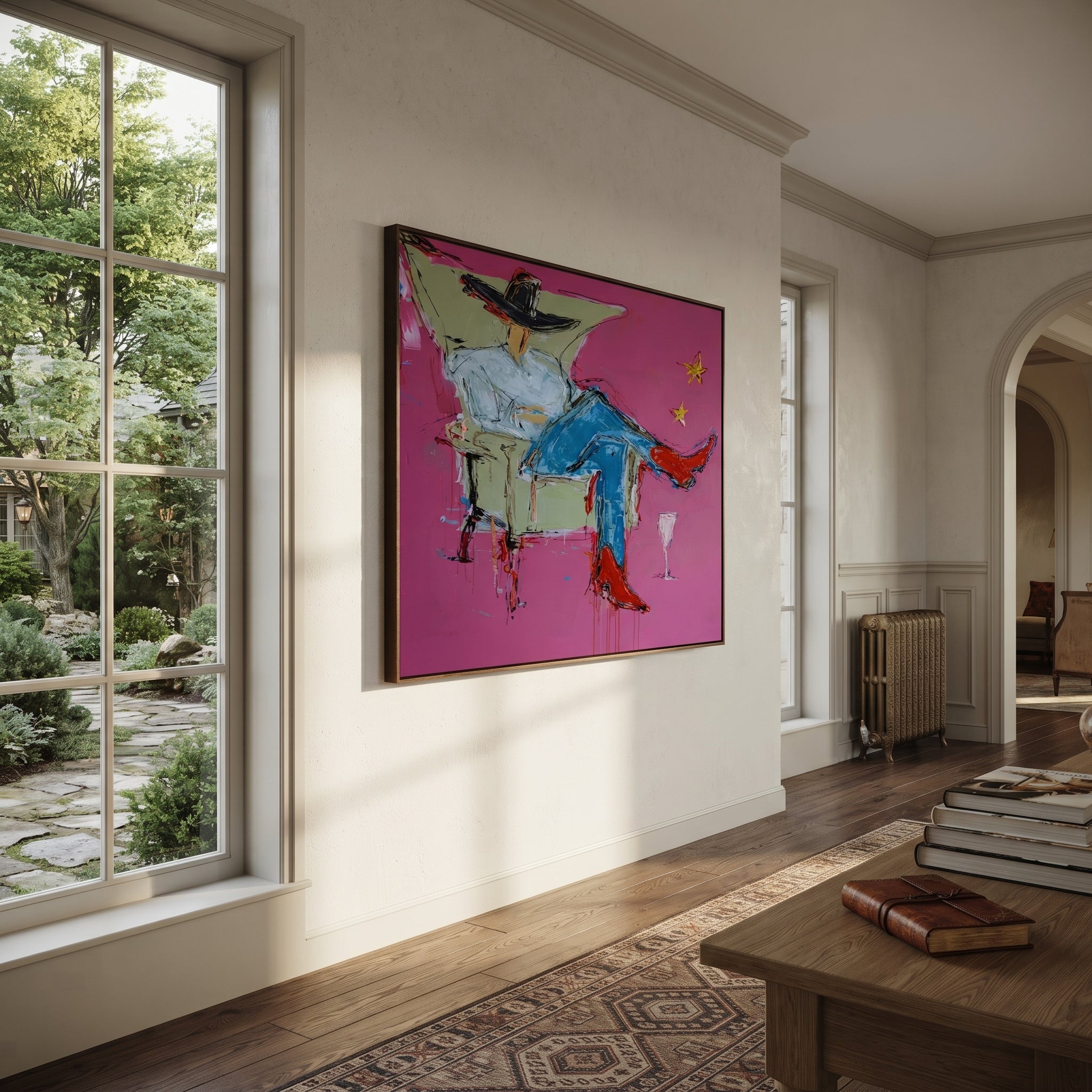 Blue Denim Rests Long - reclining cowboy chair painting by Ethan Mercer, contemporary Western horizontal wall art – styled room scene view 6