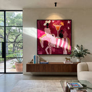 Striped Horse Serves Sunset - surreal horse cocktail painting by Ethan Mercer, contemporary Western square wall art – styled room scene view 1