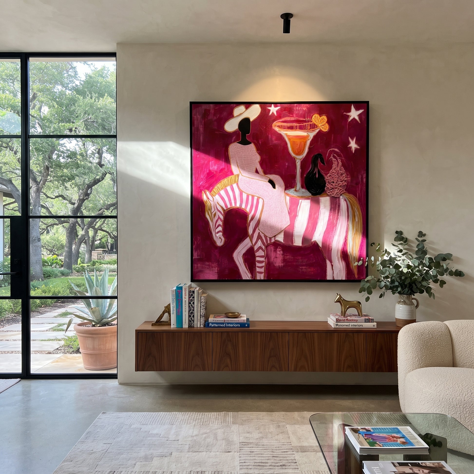 Striped Horse Serves Sunset - surreal horse cocktail painting by Ethan Mercer, contemporary Western square wall art – styled room scene view 1