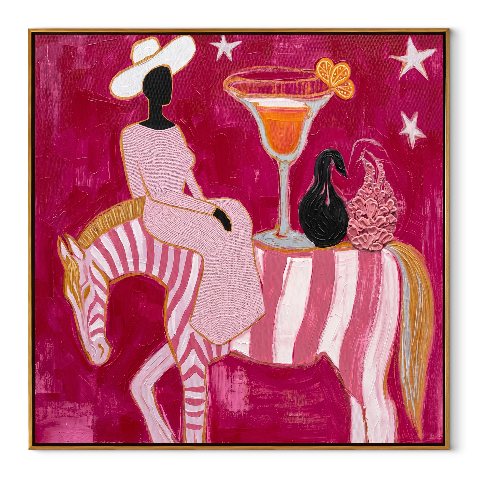 Striped Horse Serves Sunset - surreal horse cocktail painting by Ethan Mercer, contemporary Western square wall art – wood frame on white background