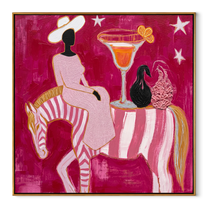 Striped Horse Serves Sunset - surreal horse cocktail painting by Ethan Mercer, contemporary Western square wall art – wood frame on white background