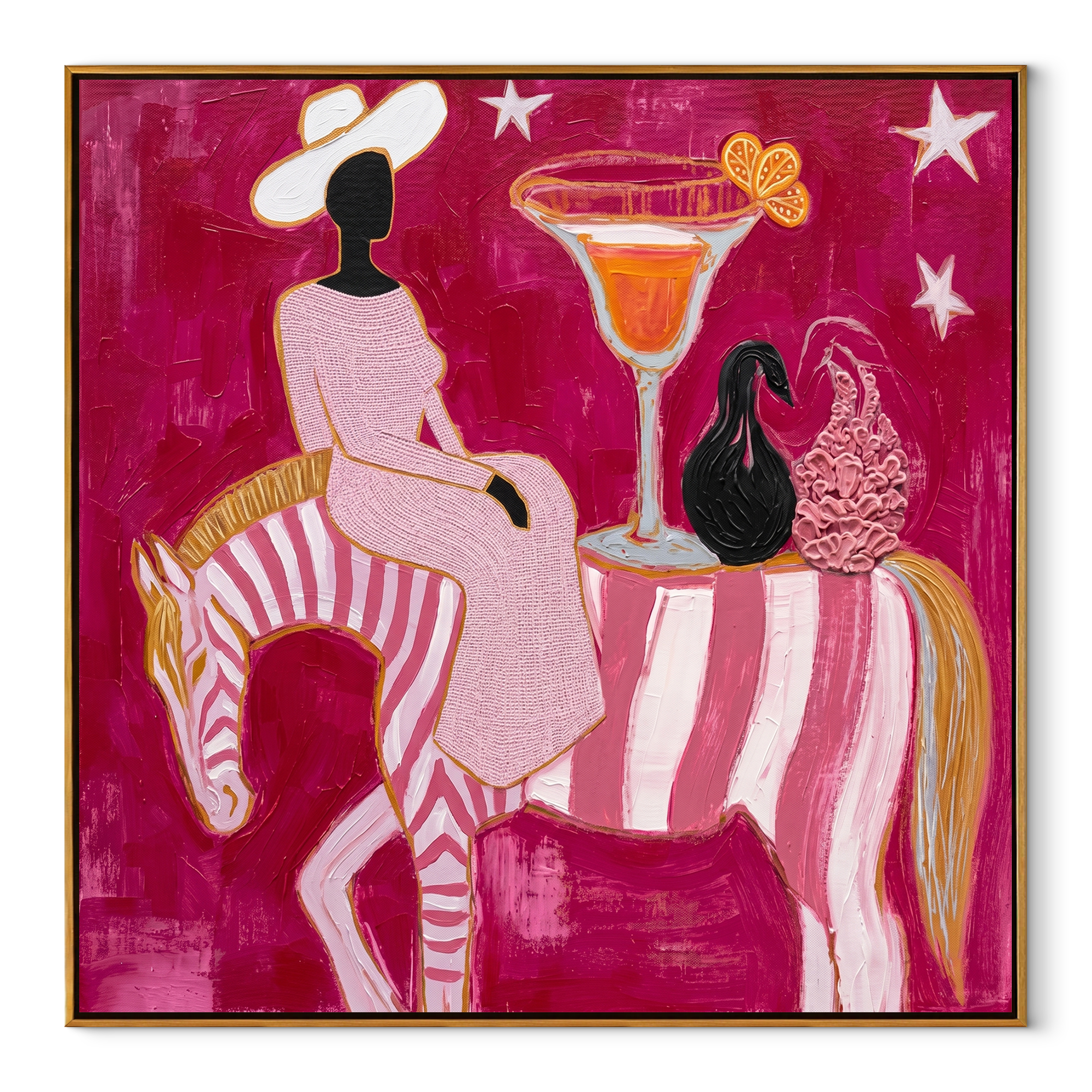 Striped Horse Serves Sunset - surreal horse cocktail painting by Ethan Mercer, contemporary Western square wall art – wood frame on white background