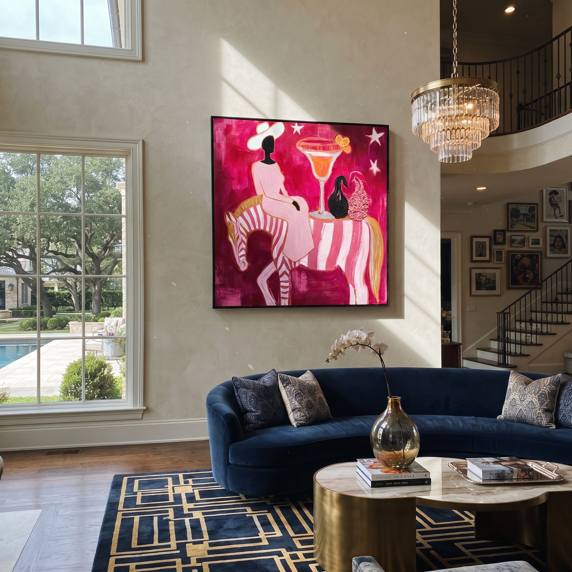 Striped Horse Serves Sunset - surreal horse cocktail painting by Ethan Mercer, contemporary Western square wall art – styled room scene view 2