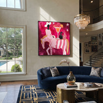 Striped Horse Serves Sunset - surreal horse cocktail painting by Ethan Mercer, contemporary Western square wall art – styled room scene view 2