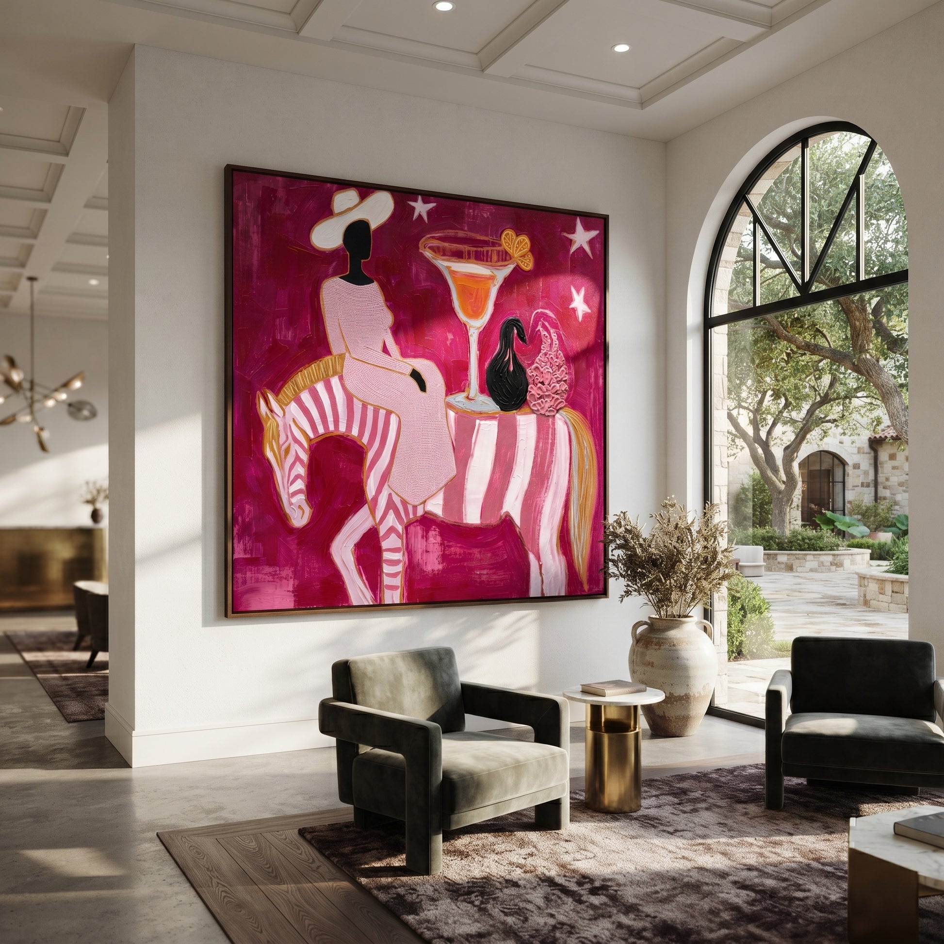 Striped Horse Serves Sunset - surreal horse cocktail painting by Ethan Mercer, contemporary Western square wall art – styled room scene view 3