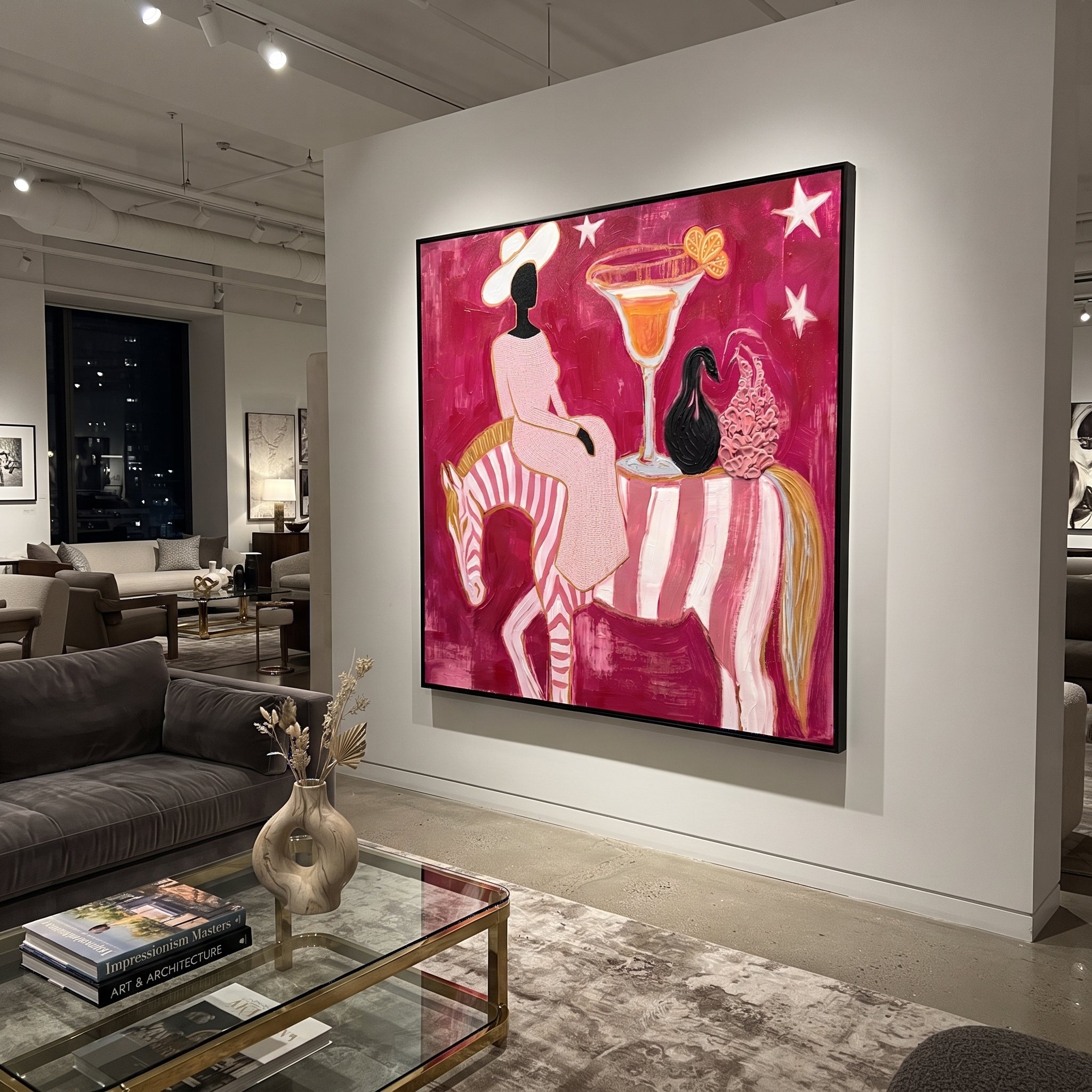 Striped Horse Serves Sunset - surreal horse cocktail painting by Ethan Mercer, contemporary Western square wall art – styled room scene view 4