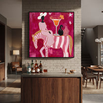 Striped Horse Serves Sunset - surreal horse cocktail painting by Ethan Mercer, contemporary Western square wall art – styled room scene view 5