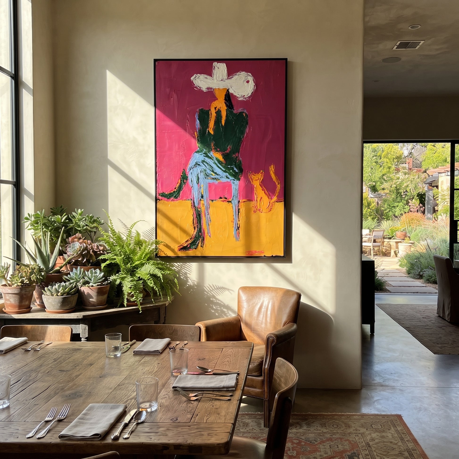 Small Dog Shares Silence - cowboy and dog portrait by Ethan Mercer, contemporary Western vertical wall art – styled room scene view 1
