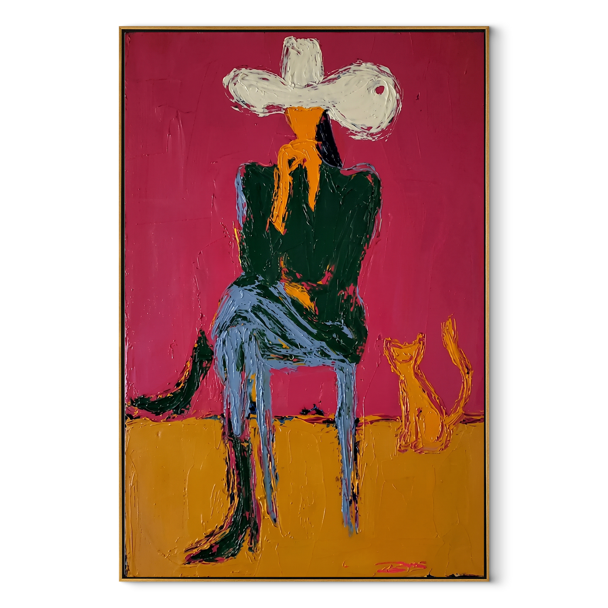 Small Dog Shares Silence - cowboy and dog portrait by Ethan Mercer, contemporary Western vertical wall art – wood frame on white background