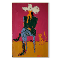 Small Dog Shares Silence - cowboy and dog portrait by Ethan Mercer, contemporary Western vertical wall art – wood frame on white background