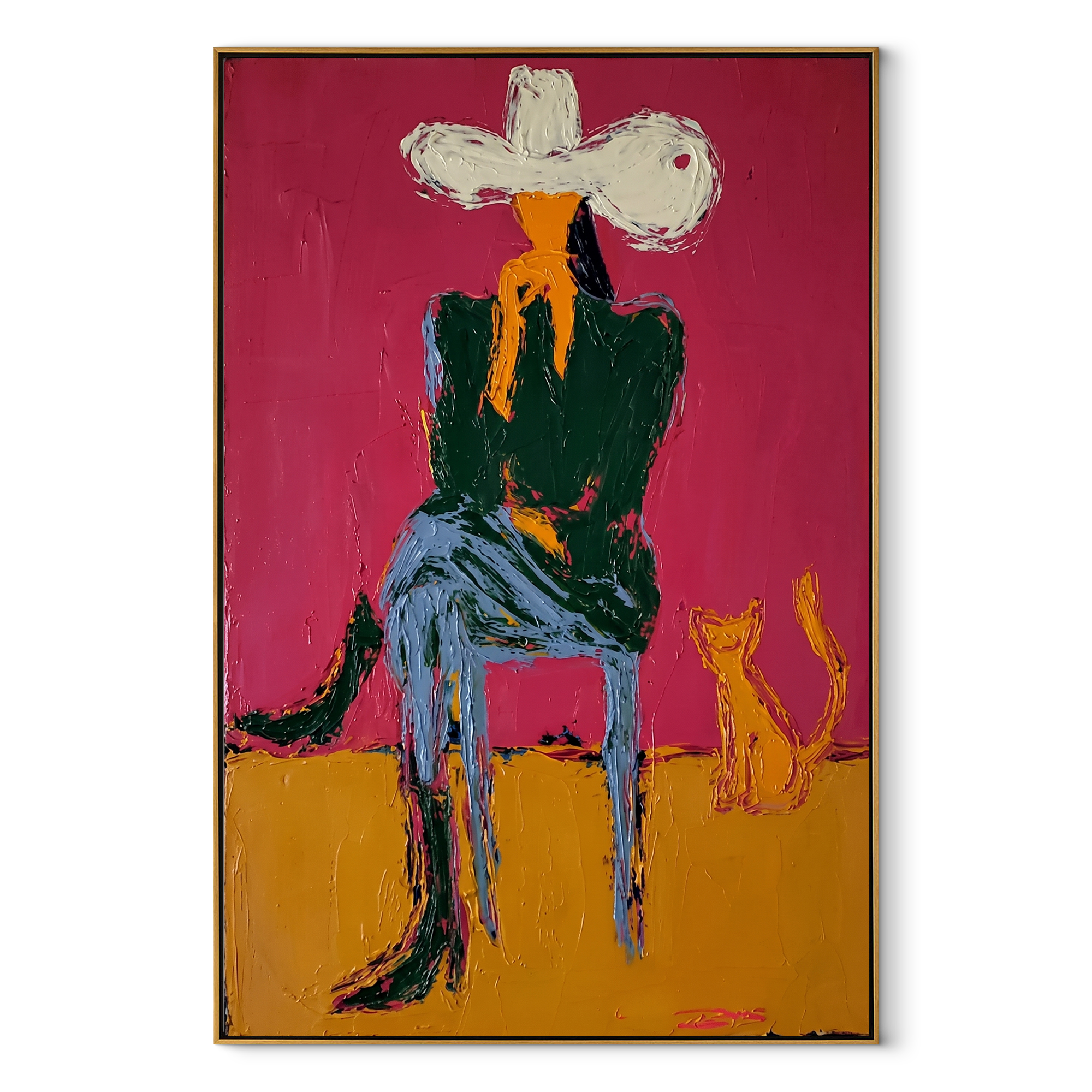 Small Dog Shares Silence - cowboy and dog portrait by Ethan Mercer, contemporary Western vertical wall art – wood frame on white background