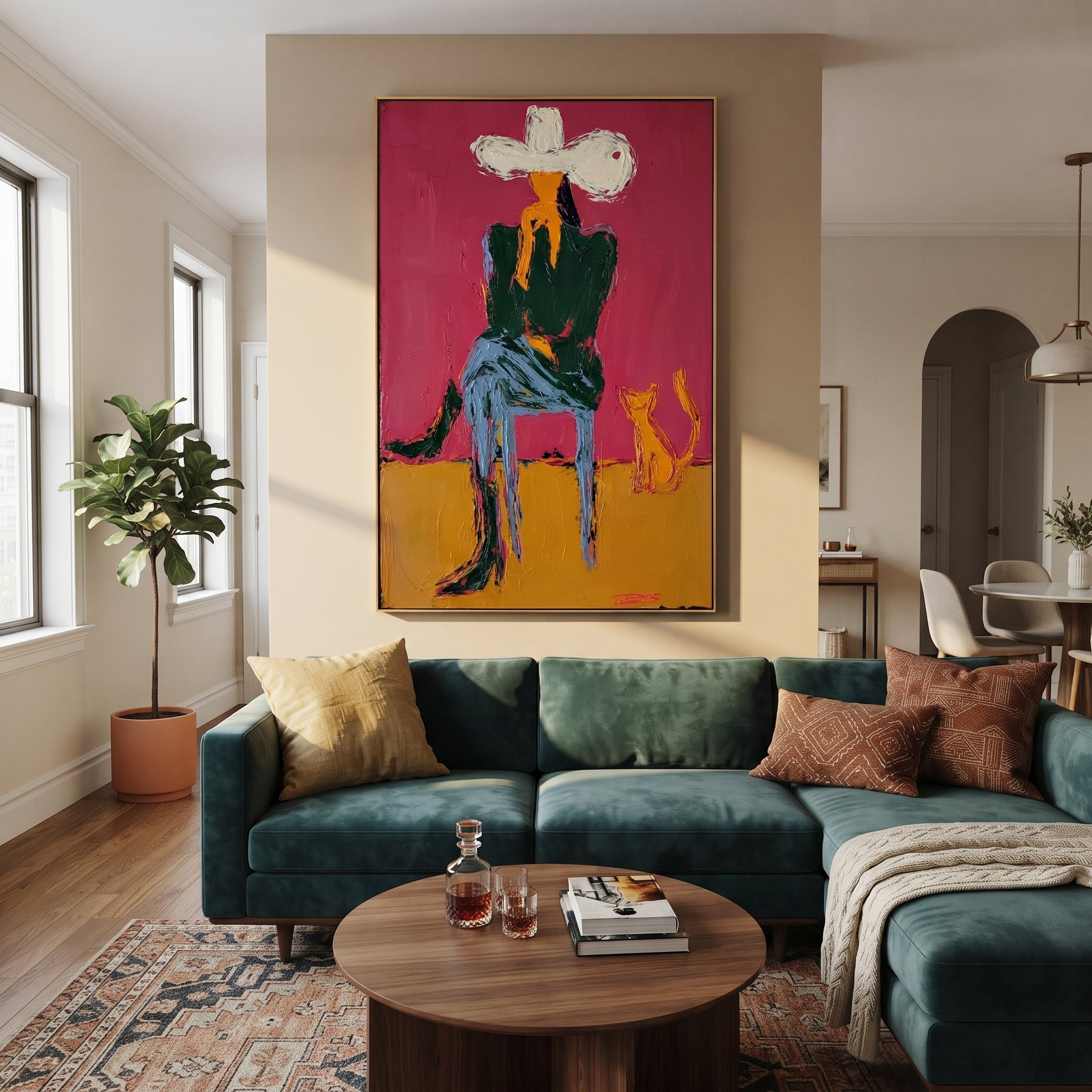 Small Dog Shares Silence - cowboy and dog portrait by Ethan Mercer, contemporary Western vertical wall art – styled room scene view 2